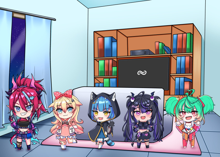 5girls absurdres animal_ears asymmetrical_clothes asymmetrical_gloves asymmetrical_legwear barefoot black_hair blonde_hair blue_eyes blue_hair blush blush_stickers character_name commission coni_confetti cupboard curtains eyebrows fang floor gloves green_hair hair_ornament hair_ribbon highres chromashift indoors kai_saikota long_hair looking_at_viewer momo_otako multicolored_hair multiple_girls open_mouth pink_hair pointy_ears poko_rakun purple_eyes raccoon_ears raccoon_tail red_eyes ribbon roca_rourin_(vtuber) room shoes short_hair smile smirk socks tail teeth television twintails virtual_youtuber wall white_socks window yellow_eyes