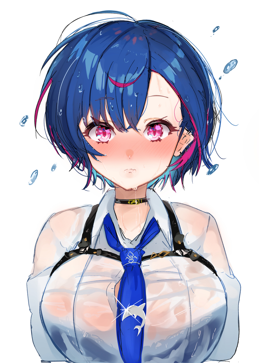 1girl absurdres alternate_breast_size black_bra black_choker blue_hair blue_necktie blush bra bra_visible_through_clothes breasts chest_belt choker closed_mouth collared_shirt dolphin_pendant dress_shirt dripping embarrassed fang fang_out hair_between_eyes highres kanpancake large_breasts long_sleeves looking_at_viewer multicolored_hair necktie nijisanji nishizono_chigusa nishizono_chigusa_(4th_costume) nose_blush open_clothes open_shirt parted_bangs pink_hair purple_eyes red_hair see-through_clothes shirt simple_background skin_fang solo streaked_hair suspenders underwear upper_body virtual_youtuber water_drop wet wet_clothes white_background white_shirt wing_collar