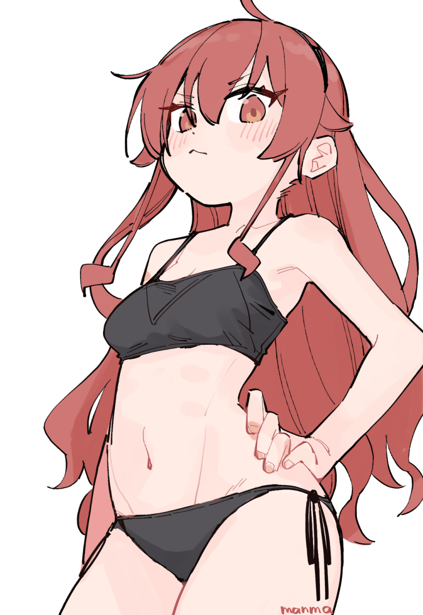 arm_in_waist armpits artist_name artist_name:toro_manma bad_tag eris_greyrat loli looking_at_viewer mushoku_tensei navel red_eyes red_hair smug swimsuit