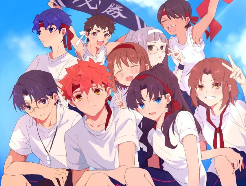5girls black_hair blouse blue_eyes blue_hair day emiya_shirou fate/stay_night fate_(series) grey_hair himuro_kane kamo_0707 makidera_kaede matou_shinji mitsuzuri_ayako multiple_girls on_one_knee outdoors red_hair ryuudou_issei saegusa_yukika shirt tohsaka_rin v wavy_hair white_shirt yellow_eyes