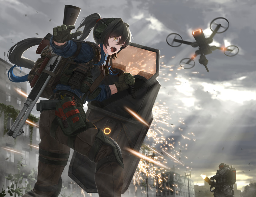1boy 1girl armor ballistic_shield benelli_m4_super_90 black_hair brown_pants building commentary_request commission drone explosive gatling_gun gloves green_gloves grenade gun hair_between_eyes headset highres holding holding_shield holster holstered long_hair minigun open_mouth outdoors overcast pants pixiv_commission ponytail projectile_trail shield shotgun sky tactical_clothes thigh_holster tom-neko_(zamudo_akiyuki) tom_clancy&#039;s_the_division weapon yellow_eyes