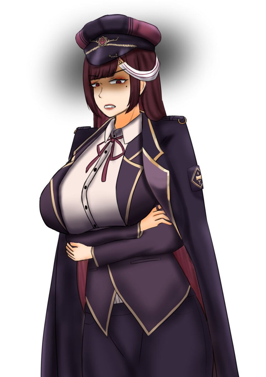 1girl absurdres banmin banmin_chan breasts brown_hair colored_skin disgust eizoku_shizu eyeshadow eyeshadow_under_eye highres hime_cut large_breasts lipstick lolita long_hair makeup military mole permabanned red_eyes thick_thighs thighs virtual_youtuber white_skin