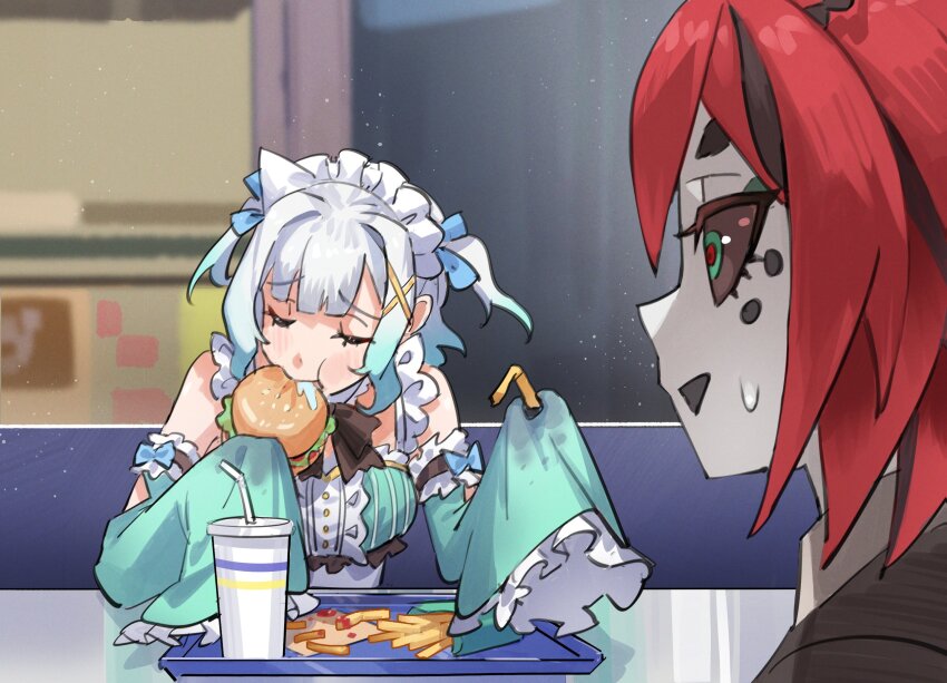 2girls arm_garter bare_shoulders beri_(beribug) black_bow black_bowtie black_hair black_sclera black_shirt blue_bow blurry blurry_background booth_seating bow bowtie burger center_frills closed_eyes colored_sclera commentary cup detached_collar detached_sleeves disposable_cup dress drinking_straw eating english_commentary facial_mark fast_food food food_on_clothes french_fries frilled_dress frilled_sleeves frills gradient_hair grease_(food) green_dress green_eyes green_hair green_sleeves hair_between_eyes hair_bow hair_ornament highres holding holding_burger holding_food indie_virtual_youtuber indoors light_particles long_sleeves looking_at_viewer maid_headdress maplesights mint_fantome mint_fantome_(minto_2.0) multicolored_eyes multicolored_hair multiple_girls nervous_smile open_mouth pale_skin red_eyes red_hair restaurant saliva shirt short_hair sitting sleeves_past_fingers sleeves_past_wrists smile streaked_hair sweatdrop table tray triangular_headpiece two-tone_eyes two_side_up virtual_youtuber white_hair x_hair_ornament