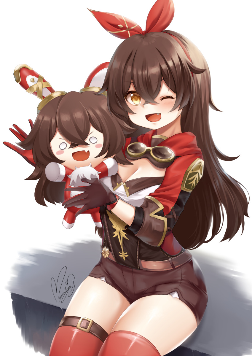1girl :d absurdres amber_(genshin_impact) belt breasts brown_gloves brown_hair brown_shorts cleavage doll fang genshin_impact gloves goggles hair_between_eyes headband highres holding long_hair looking_at_viewer momoko_nico one_eye_closed open_mouth short_shorts shorts sitting sleeves_rolled_up smile solo thighs white_background