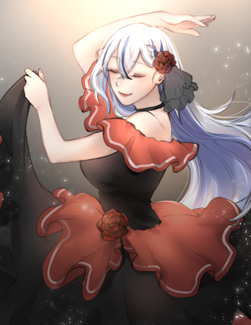 1girl bare_shoulders black_dress blush breasts closed_eyes closed_mouth dancing dress eyelashes flamenco flamenco_dress flower gradient_background hair_flower hair_ornament highres large_breasts light_purple_hair lips long_hair multicolored_clothes multicolored_hair purple_eyes red_dress rose self-portrait shino_laila shino_laila_(artist) smile solo spanish_clothes very_long_hair virtual_youtuber wactor_production