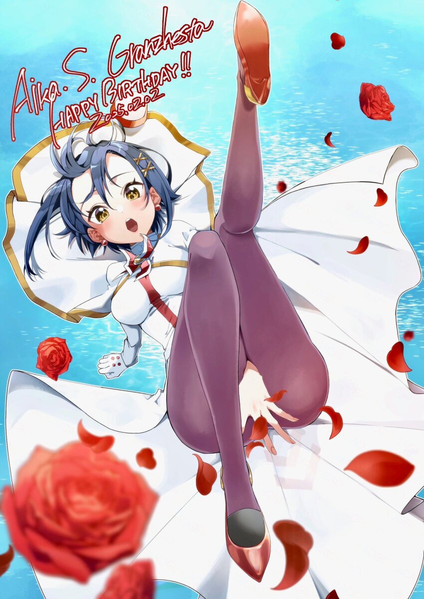 1girl aika_granzchesta aogirism aria_(manga) blue_background blue_hair blurry blurry_foreground blush bow bowtie breasts character_name covering_crotch covering_privates dated day dress embarrassed falling_petals flower full_body gloves hair_between_eyes hair_ornament happy_birthday high_heels highres himeya_company_uniform impossible_clothes impossible_dress knees_together_feet_apart legs long_dress long_sleeves looking_at_viewer medium_breasts midair ocean open_mouth outdoors pantyhose petals pumps purple_pantyhose red_bow red_bowtie red_flower red_rose red_shoes rose shoes short_hair single_glove solo stiletto_heels white_dress white_gloves x_hair_ornament yellow_eyes