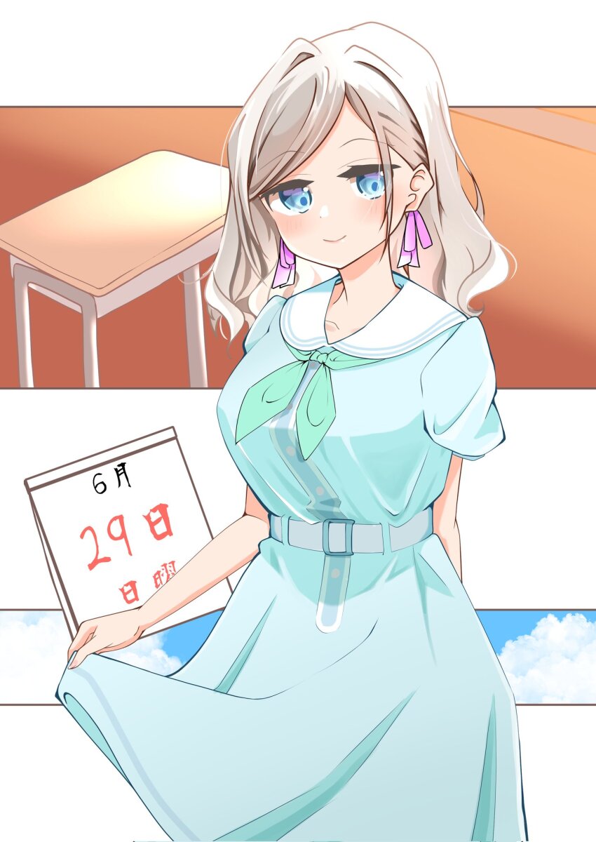 1girl aqua_neckerchief blue_dress blue_eyes breasts calendar_(object) ceras_yanagida_lilienfeld closed_mouth collarbone commentary_request corocoro567 cowboy_shot dated desk dress grey_hair hair_ribbon hasu_no_sora_school_uniform highres large_breasts link!_like!_love_live! long_hair looking_at_viewer love_live! medium_dress neckerchief pink_ribbon puffy_short_sleeves puffy_sleeves ribbon sailor_collar sailor_dress school_desk school_uniform short_sleeves smile solo summer_uniform virtual_youtuber white_sailor_collar