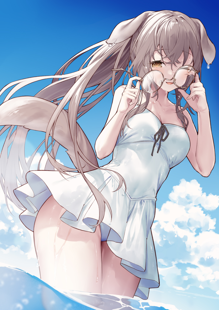 1girl ;d animal_ears bare_arms bare_shoulders black_ribbon blue_sky breasts brown-framed_eyewear brown_eyes brown_hair cleavage cloud collarbone commentary_request day dog_ears dog_girl dog_tail dress_swimsuit glasses hands_up highres holding holding_removed_eyewear long_hair looking_at_viewer medium_breasts neck_ribbon one-piece_swimsuit one_eye_closed open_mouth original outdoors ribbon round_eyewear sky smile solo standing swimsuit tail tokuno_yuika unworn_eyewear very_long_hair wading water white_one-piece_swimsuit