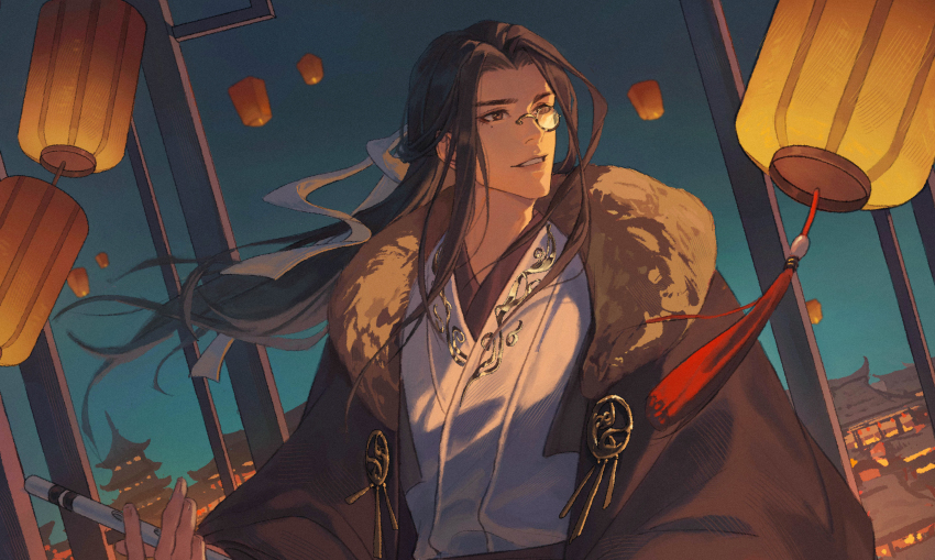 1boy absurdres architecture black_coat black_hair brown_eyes building chinese_clothes chinese_commentary coat east_asian_architecture flute fur-trimmed_coat fur_trim gradient_sky gu_yun hair_ribbon hanfu highres holding holding_flute holding_instrument instrument kkknnnn lantern long_hair long_sleeves looking_ahead male_focus mole mole_under_eye monocle paper_lantern ribbon round_eyewear sha_po_lang sky sky_lantern smile solo tassel upper_body white_hanfu white_ribbon