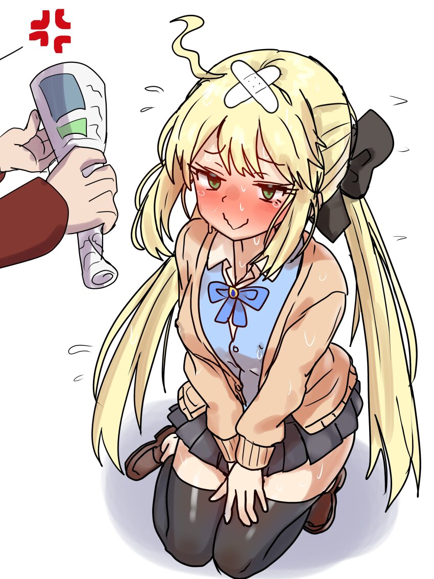 1girl absurdres ahoge artoria_caster_(fate) artoria_pendragon_(fate) blonde_hair blush ebora fate/grand_order fate_(series) green_eyes highres kneeling rolled_up_newspaper school_uniform twintails