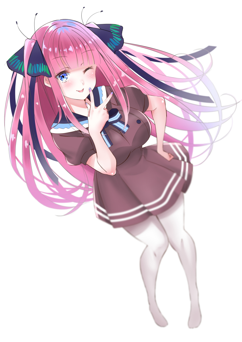 1girl absurdres black_ribbon blue_bow blue_eyes blue_nails blunt_bangs blush bow breasts brown_dress butterfly_hair_ornament dress feet from_above go-toubun_no_hanayome hair_ornament hanakuma_mano hand_on_own_hip highres hime_cut large_breasts long_hair looking_at_viewer multicolored_nails nail_polish nakano_nino one_eye_closed pantyhose pink_hair pink_nails puffy_short_sleeves puffy_sleeves raised_eyebrows ribbon short_sleeves simple_background smile solo tongue tongue_out twintails v white_background white_pantyhose