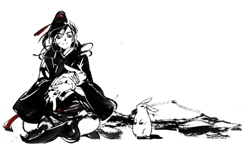 1boy animal black_eyes black_hair black_hanfu black_nails boots chinese_clothes closed_mouth faux_traditional_media full_body greyscale hair_ribbon hanfu hat high_ponytail holding holding_animal holding_rabbit ink_wash_painting kcllzas163 long_sleeves male_focus modao_zushi monochrome nail_polish ponytail rabbit red_ribbon ribbon robe simple_background sitting smile solo spot_color third-party_source wei_wuxian white_background white_rabbit_(animal) wide_sleeves