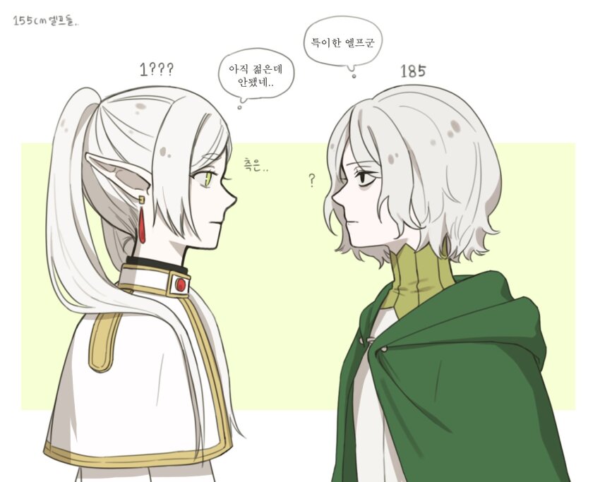 1boy 1girl ? bags_under_eyes black_eyes capelet cloak closed_mouth crossover dungeon_meshi earrings elf expressionless frieren gorget green_background green_cloak green_eyes grey_hair gulli_mm height_connection hood hooded_cloak jewelry korean_text long_hair looking_at_another male_focus mithrun pointy_ears profile short_hair simple_background solo sousou_no_frieren speech_bubble thought_bubble trait_connection translation_request tunic twintails upper_body wavy_hair white_background white_capelet white_hair