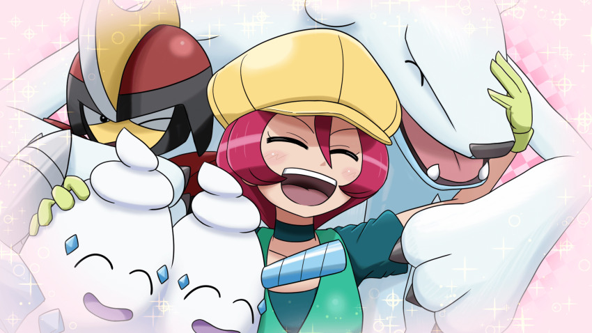 beartic bisharp blush cabbie_hat closed_eyes game_freak gen_5_pokemon georgia_(pokemon) group_hug hat highres hug mori_hayaki nintendo open_mouth pink_background pink_hair pokemon pokemon_(anime) pokemon_(creature) pokemon_bw_(anime) short_hair sparkle_background tagme teeth upper_teeth_only vanilluxe yellow_hat