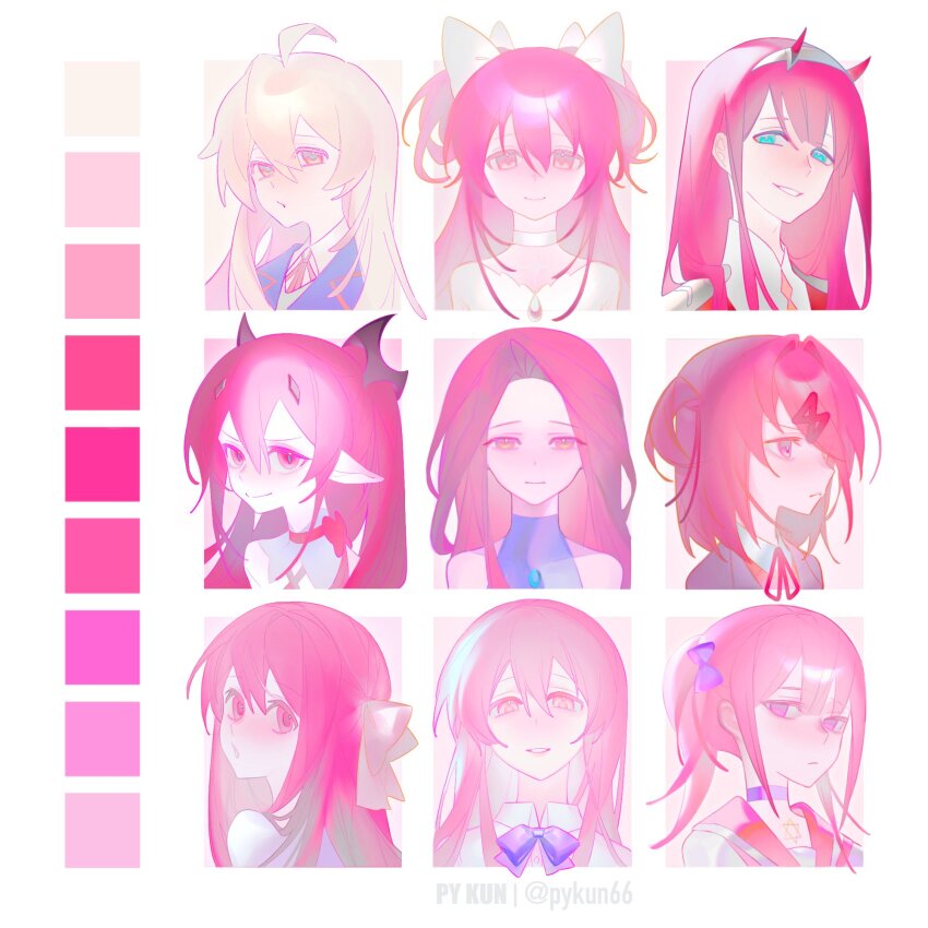 6+girls ahoge alien_stage aqua_eyes bare_shoulders blue_jacket bow bowtie brown_eyes character_request choker closed_mouth color_connection color_guide commentary copyright_request darling_in_the_franxx doki_doki_literature_club dress english_commentary expressionless grey_jacket hair_between_eyes hair_bow hair_color_connection hair_ornament hairband hexagram highres horns jacket kaname_madoka koe_no_katachi krul_tepes long_hair mahou_shoujo_madoka_magica mahou_shoujo_madoka_magica_(anime) menhera-chan_(ezaki_bisuko) menhera-chan_(ezaki_bisuko)_(character) mizi_(alien_stage) multiple_girls multiple_hair_bows natsuki_(doki_doki_literature_club) nishimiya_shouko onii-chan_wa_oshimai! owari_no_seraph oyama_mahiro pink_hair pink_sailor_collar purple_bow purple_bowtie pykun66 red_horns sailor_collar school_uniform shirt short_hair smile star_of_david twintails two_side_up ultimate_madoka white_bow white_choker white_dress white_hairband yellow_eyes zero_two_(darling_in_the_franxx)