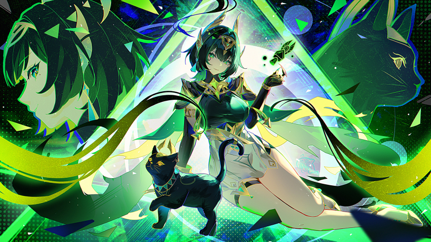 1girl arm_support ashru_(genshin_impact) bare_legs black_cat black_gloves black_shirt blurry bracelet cape cat chinese_commentary claw_ring commentary_request depth_of_field elbow_gloves facial_mark full_body genshin_impact gloves green_cape green_eyes green_hair hand_up headgear high-waist_skirt high_heels highres jewelry light_smile looking_at_viewer mark_under_eye medium_hair mole mole_under_eye multiple_views nefer_(genshin_impact) parted_lips shirt shoes sitting skirt sleeveless sleeveless_shirt symbol-shaped_pupils taut_clothes taut_shirt thigh_strap triangle-shaped_pupils usekh_collar white_skirt yellow_shoes yokozuwari yu_e_baba