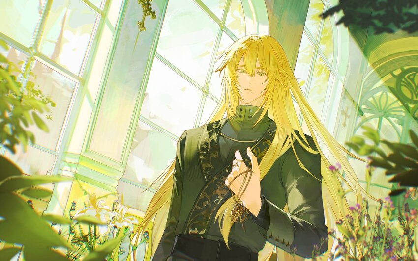 1boy alternate_costume black_sash black_shirt blonde_hair blurry chromatic_aberration closed_mouth day depth_of_field flower gold_trim green_eyes green_robe hair_between_eyes hand_up hashtag-only_commentary holding holding_jewelry holding_necklace honkai:_star_rail honkai_(series) indoors jewelry leaf lettiii111 light_rays long_hair long_sleeves looking_at_viewer luocha_(honkai:_star_rail) male_focus necklace plant purple_flower robe sash shirt sleeve_cuffs solo sunbeam sunlight turtleneck turtleneck_shirt unworn_jewelry unworn_necklace upper_body white_flower window