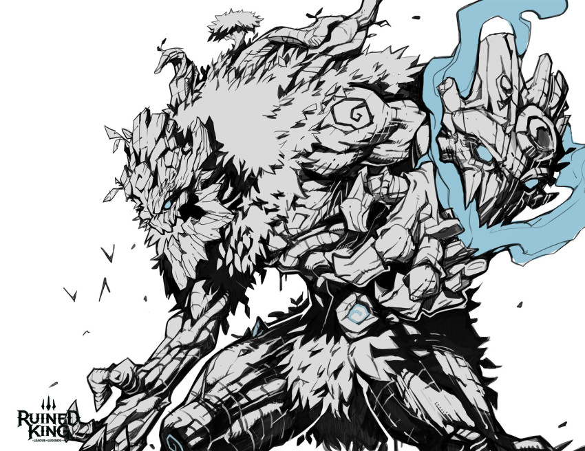 1boy branch copyright_name feet_out_of_frame from_side grey_background grey_eyes hicham_habchi highres league_of_legends male_focus maokai official_art open_mouth ruined_king:_a_league_of_legends_story solo spot_color standing tree white_background