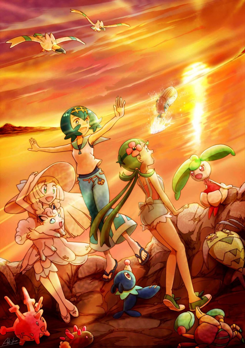 3girls absurdres alolan_form alolan_vulpix blonde_hair blue_eyes blue_hair blue_pants braid cloud corsola crabrawler dress flower gen_2_pokemon gen_3_pokemon gen_7_pokemon green_eyes green_hair hair_flower hair_ornament hairband hand_on_headwear hat highres lana_(pokemon) lillie_(pokemon) long_hair mallow_(pokemon) multiple_girls nintendo open_mouth outstretched_arms overalls pants pikasato_akiko pokemon pokemon_(anime) pokemon_(creature) pokemon_sm_(anime) popplio pyukumuku sandals shirt short_hair sitting sky sleeveless sleeveless_dress sleeveless_shirt spread_arms steenee sun_hat trial_captain twin_braids twintails wailord water white_dress white_hat white_shirt wimpod wingull