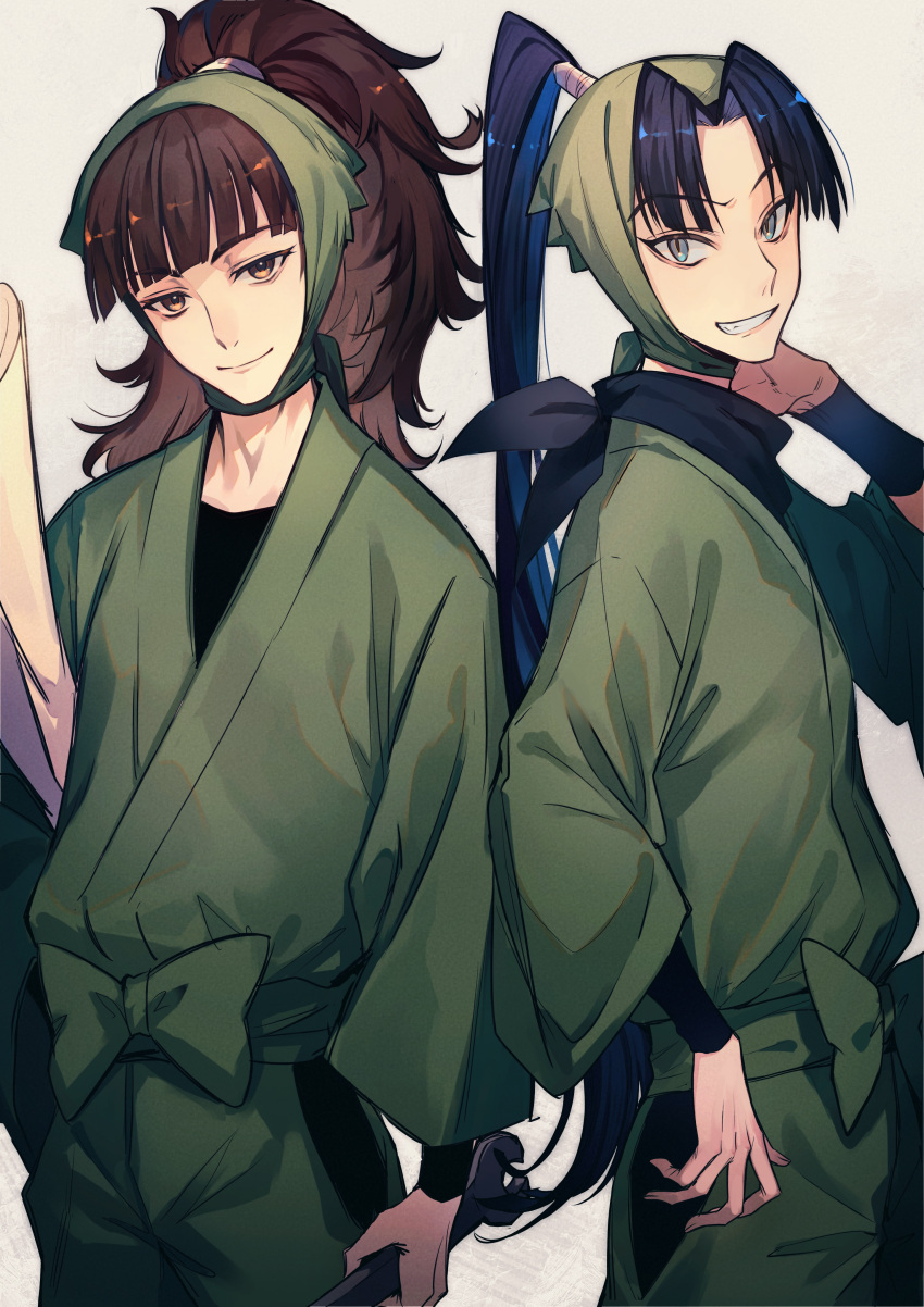 2boys absurdres aged_up arm_guards arms_at_sides black_hair black_scarf blue_hair blunt_bangs brown_hair carrying carrying_under_arm cowboy_shot detached_hood flipped_hair green_hood green_pants grin hand_up highres hip_vent hood hood_up kunai long_hair long_sleeves looking_at_viewer male_focus multiple_boys ninja pants parted_bangs rakudai_ninja_rantarou remon_(10112) sasayama_heidayuu scarf settsuno_kirimaru simple_background smile very_long_hair weapon white_background