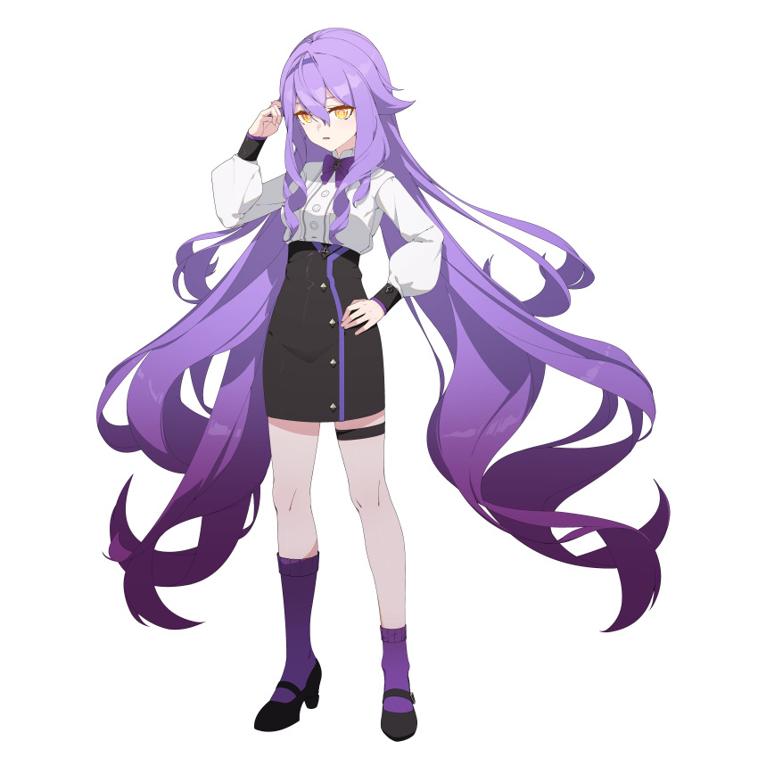 1girl absurdres black_skirt bow bowtie full_body hand_on_own_hip highres honkai_(series) honkai_impact_3rd long_hair long_sleeves looking_at_viewer puffy_long_sleeves puffy_sleeves purple_bow purple_bowtie purple_hair purple_socks shirt simple_background sirin sirin_(magic_academy_uniform) sirin_(miracle_magical_girl) skirt socks solo very_long_hair wavy_hair white_background white_shirt yellow_eyes yikco