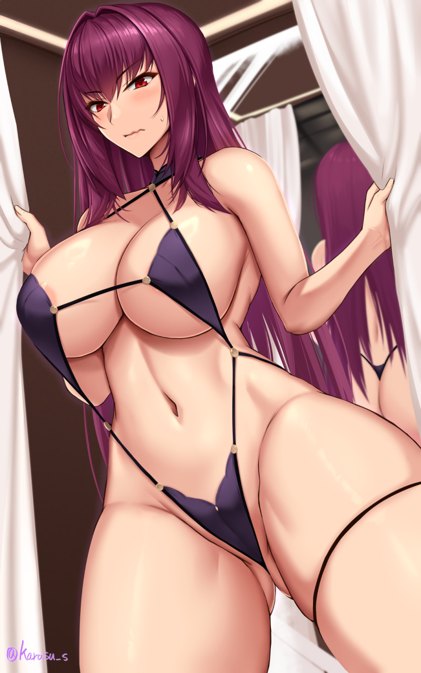 1girl adapted_costume akitsuki_karasu areola_slip ass bikini black_bikini blush breasts closed_mouth curtains fate/grand_order fate_(series) fitting_room hair_intakes highres large_breasts long_hair looking_at_viewer median_furrow mirror navel paid_reward_available purple_hair red_eyes reflection scathach_(fate) solo stomach sweat sweatdrop swimsuit thighs twitter_username wavy_mouth