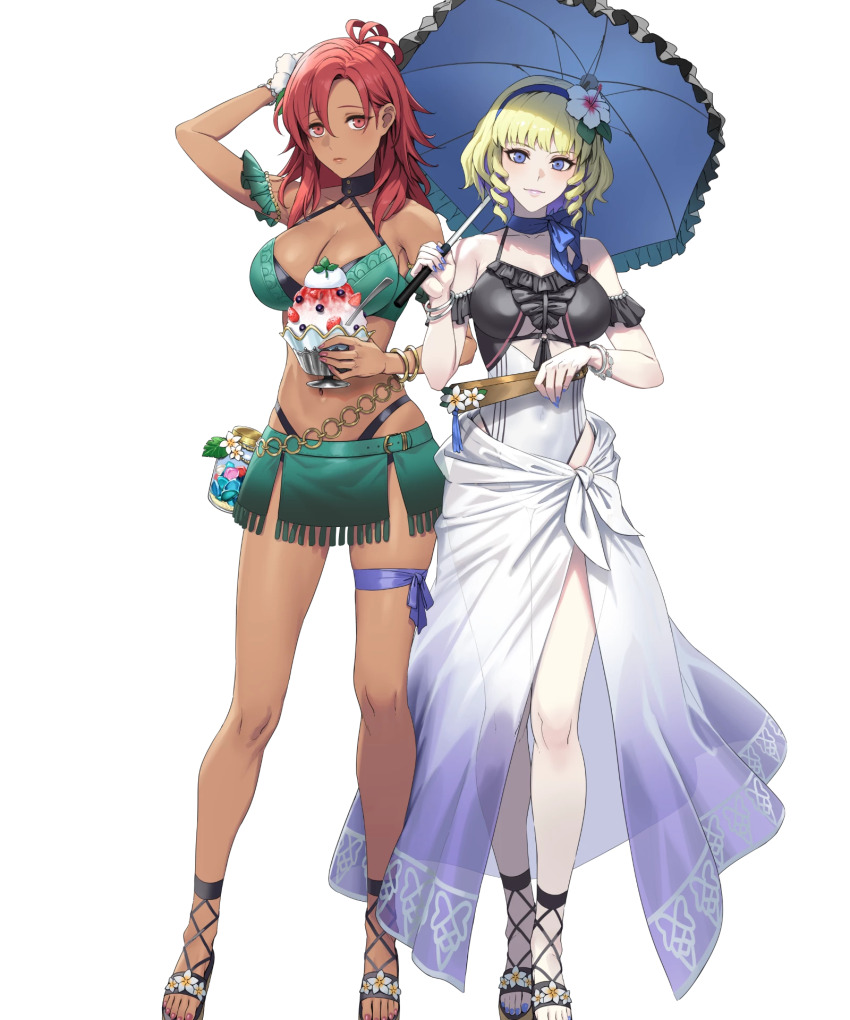 2girls arm_behind_back bikini blonde_hair blue_nails bracelet breasts cleavage colored_inner_hair constance_von_nuvelle constance_von_nuvelle_(summer) dark-skinned_female dark_skin drill_hair drill_sidelocks female_focus fire_emblem fire_emblem:_three_houses fire_emblem_heroes flower food frown green_bikini hair_flower hair_ornament hairband hapi_(fire_emblem) hapi_(summer)_(fire_emblem) highres holding holding_umbrella ice_cream jewelry looking_at_viewer matching_hair/eyes medium_breasts medium_hair multicolored_hair multiple_girls nail_polish navel nintendo non-web_source official_alternate_costume official_art one-piece_swimsuit parasol purple_eyes purple_hair red_eyes red_hair sandals sarong shaved_ice short_hair sidelocks smile spoon swimsuit tachi-e toenail_polish toenails toes umbrella white_sarong
