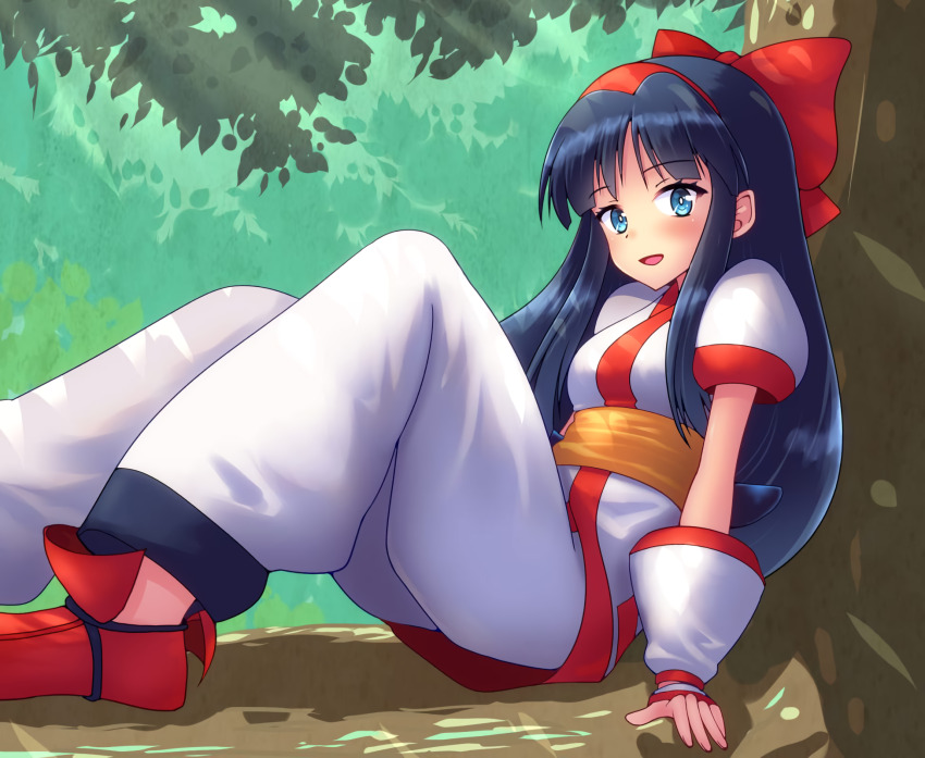 1girl arm_support blue_eyes blue_hair breasts fingerless_gloves gloves hair_ribbon highres kasabou legs long_hair looking_at_viewer medium_breasts nakoruru open_mouth pants ribbon samurai_spirits sitting smile snk solo the_king_of_fighters thighs tongue tree weapon