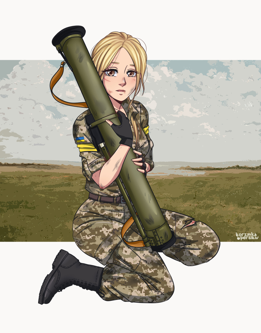 1girl absurdres belt black_gloves blonde_hair boots brown_eyes camouflage cloud cloudy_sky combat_boots digital_camouflage field fingerless_gloves gloves gun_sling highres kneeling korzynka_persykiv long_hair military military_combat_uniform military_uniform open_mouth original pants ribbon rocket_launcher russo-ukrainian_war sky sleeves_rolled_up stray_hair ukraine ukrainian_flag ukrainian_ground_forces war weapon yellow_ribbon