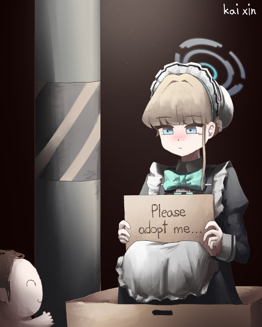 1boy 1girl absurdres apron black_dress blonde_hair blue_archive blue_eyes blue_ribbon blush box cardboard_box closed_mouth doodle_sensei_(blue_archive) dress hair_between_eyes hair_bun hairband highres holding holding_sign in_box in_container kai_xin lamppost looking_at_another looking_at_viewer maid maid_apron maid_headdress nose_blush ribbon sensei_(blue_archive) sidelocks sign tears toki_(blue_archive) white_apron white_hairband