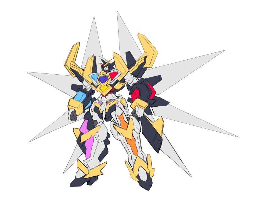 clenched_hands cosmikaizer cosmikaizer_(mecha) full_body highres mecha mecha_focus mechanical_wings no_humans original robot science_fiction solo standing super_robot v-fin wings