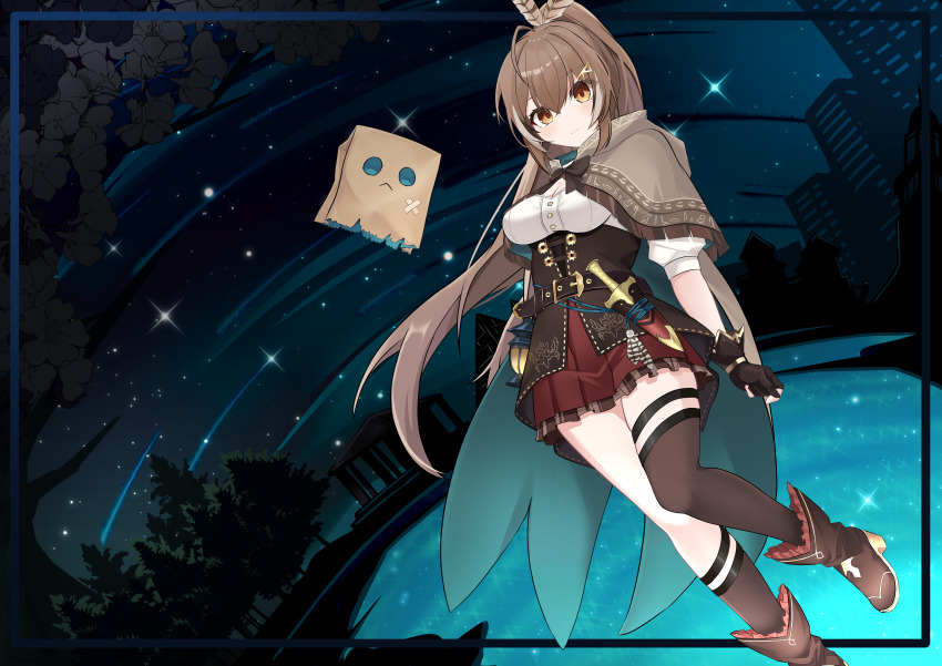 1girl absurdres black_gloves black_thighhighs boots breasts brown_boots brown_cloak brown_corset brown_eyes brown_hair brown_skirt cleavage cloak closed_mouth corset feather_hair_ornament feathers fingerless_gloves friend_(nanashi_mumei) gloves hair_ornament highres hololive hololive_english hood hooded_cloak kanadeho lantern medium_breasts nanashi_mumei nanashi_mumei_(1st_costume) night outdoors ponytail shirt single_thighhigh skirt sky star_(sky) starry_sky thighhighs virtual_youtuber white_shirt