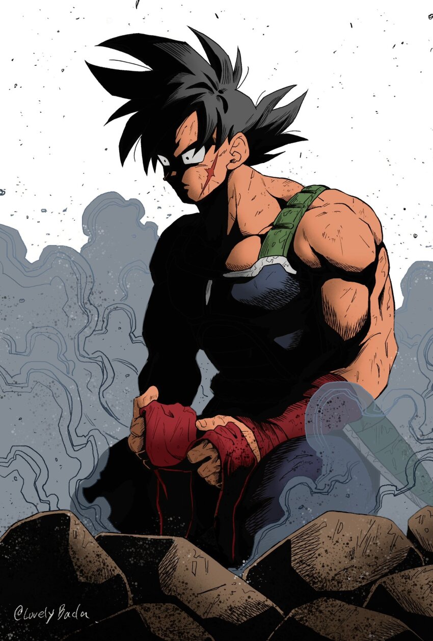 1boy after_battle arm_rest armor ashes bandana bardock biceps black_eyes black_hair black_leggings broad_shoulders closed_mouth dilated_pupils dragon_ball dragonball_z empty_eyes expressionless facial_scar facing_viewer faulds fingernails full_body highres holding holding_bandana large_pectorals leggings looking_afar lovelybada male_focus muscular muscular_male parted_bangs partially_shaded_face pectorals red_bandana rock saiyan_armor scar scar_on_cheek scar_on_face sidelighting simple_background smoke spiked_hair squatting traumatized twitter_username white_background wide-eyed wristband