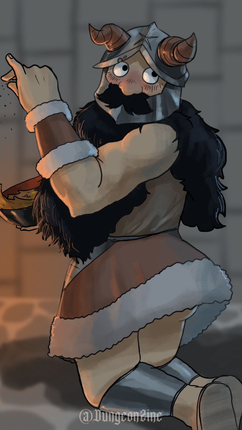 1boy ass_peek bara beard blush cooking dungeon_meshi dwarf facial_hair fake_horns feet_out_of_frame fire_light helmet highres horned_helmet horns kneeling long_beard looking_back male_focus mustache senshi_(dungeon_meshi) shy solo sprinkling stingrachel_art thick_mustache toned toned_male very_long_beard