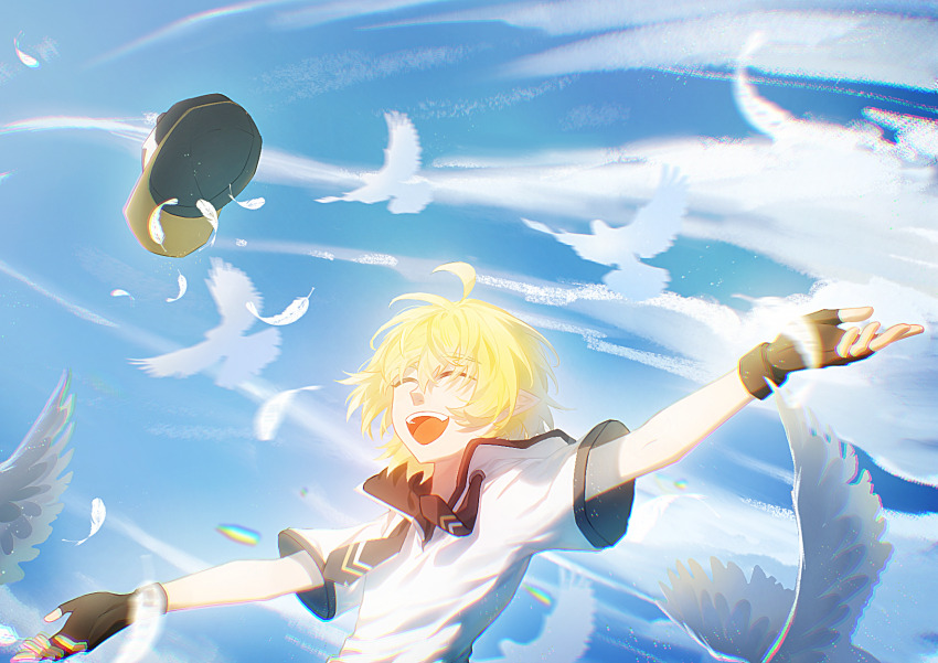 1boy :d ^_^ ahoge aotu_world bird black_gloves black_hat blonde_hair blue_sky chinese_commentary chromatic_aberration closed_eyes cloud day dove drawstring falling_feathers feathers fingerless_gloves gloves hair_between_eyes happy hat highres hood hood_down hoodie king_(aotu_world) laughing male_focus open_mouth outdoors outstretched_arms pointy_ears shiwoxindong27734 short_hair short_sleeves sky smile solo spread_arms teeth unworn_hat unworn_headwear upper_body upper_teeth_only white_bird white_feathers white_hoodie wind