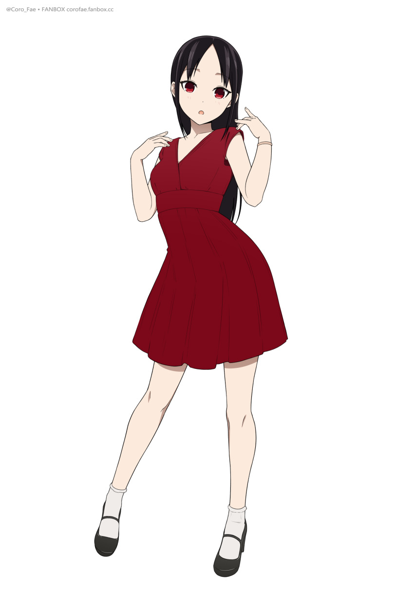 1girl :o absurdres black_hair bracelet coro_fae dress full_body hands_up highres jewelry kaguya-sama_wa_kokurasetai_~tensai-tachi_no_renai_zunousen~ long_hair looking_at_viewer parted_bangs red_dress red_eyes shinomiya_kaguya short_dress simple_background solo standing straight_hair white_background