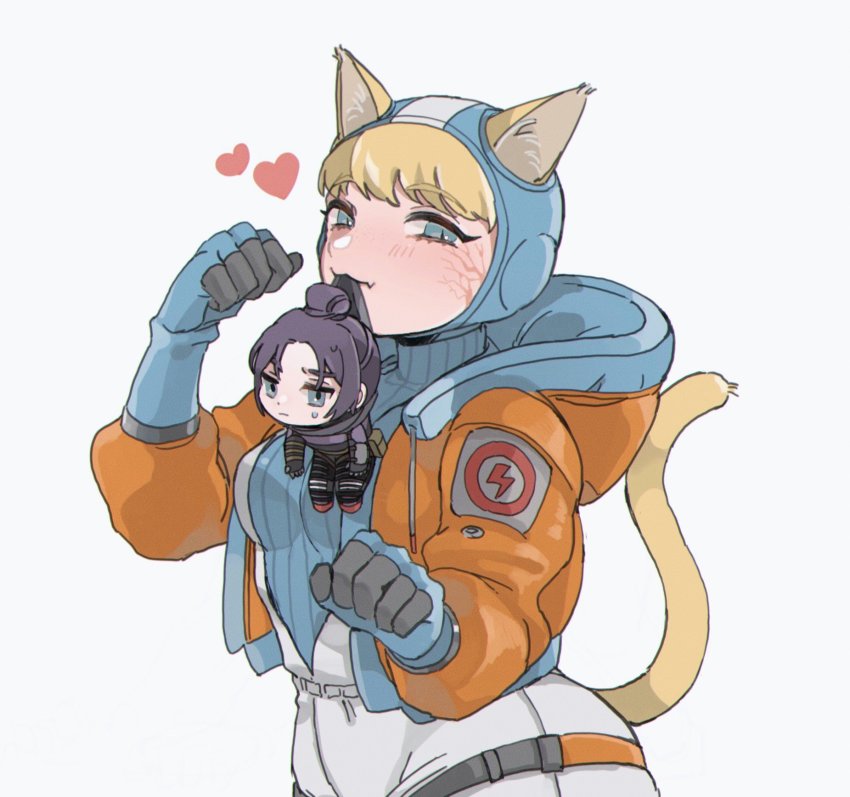 2girls animal_ears animification apex_legends black_bodysuit black_hair blonde_hair blue_bodysuit blue_gloves blue_headwear bodysuit breasts cat_ears cat_girl cat_tail facial_scar gloves hair_bun heart highres hood hooded_jacket in_mouth jacket kemonomimi_mode lichtenberg_figure medium_breasts mini_person minigirl multiple_girls orange_jacket paw_pose ribbed_bodysuit scar scar_on_cheek scar_on_face shimijimi single_hair_bun smile tail wattson_(apex_legends) white_background white_bodysuit wraith_(apex_legends)