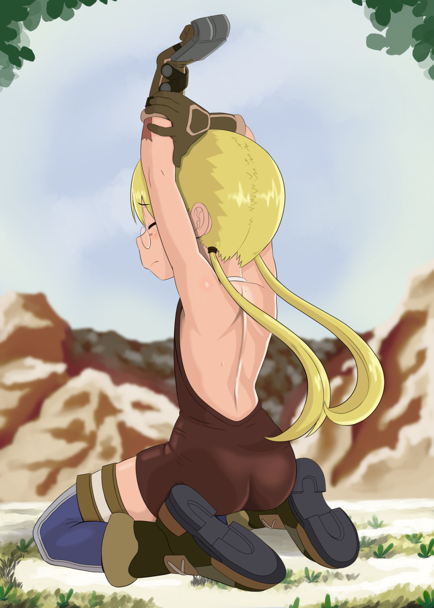 absurdres aged_down arms_up ass blonde_hair blush boots closed_eyes closed_mouth dress female_focus glasses gloves grass highres loli long_hair lunarleo made_in_abyss riko_(made_in_abyss) shadow sitting solo uncensored
