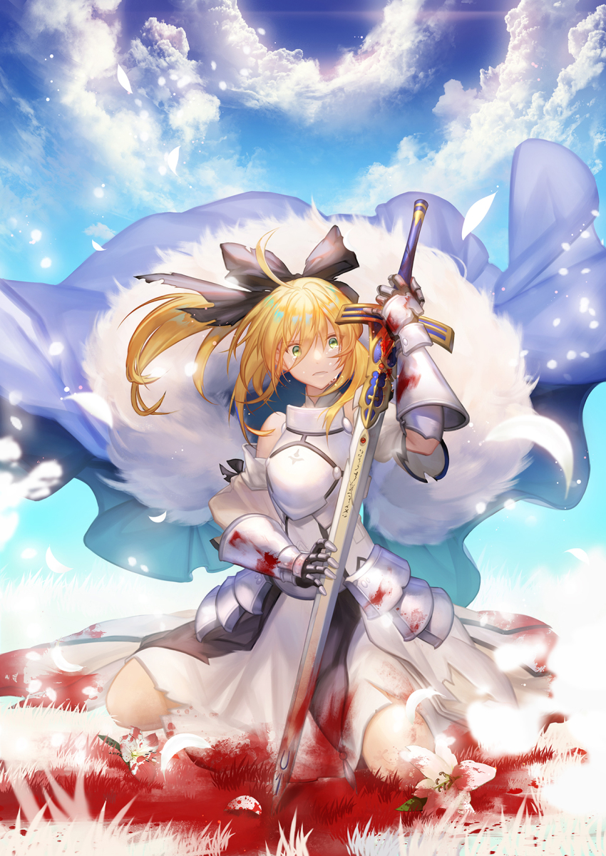 1girl ahoge armor armored_dress artoria_pendragon_(fate) black_ribbon blonde_hair blood bloody_weapon blue_cape caliburn_(fate) cape crying crying_with_eyes_open dress fate/grand_order fate_(series) female_focus flower gauntlets gloves green_eyes hair_ribbon highres lily_(flower) long_hair looking_at_viewer mt_(ringofive) pixiv_fate/grand_order_contest_2 ponytail ribbon saber_(fate) saber_lily solo sword tears weapon