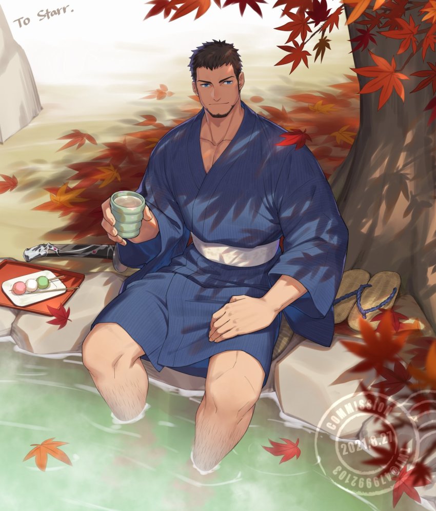 00047 1boy autumn_leaves bara beard black_hair blue_eyes commentary cor_leonis facial_hair final_fantasy highres japanese_clothes kimono leaf male_focus mature_male muscular muscular_male oak_leaf pectorals short_hair sideburns solo sword weapon yukata