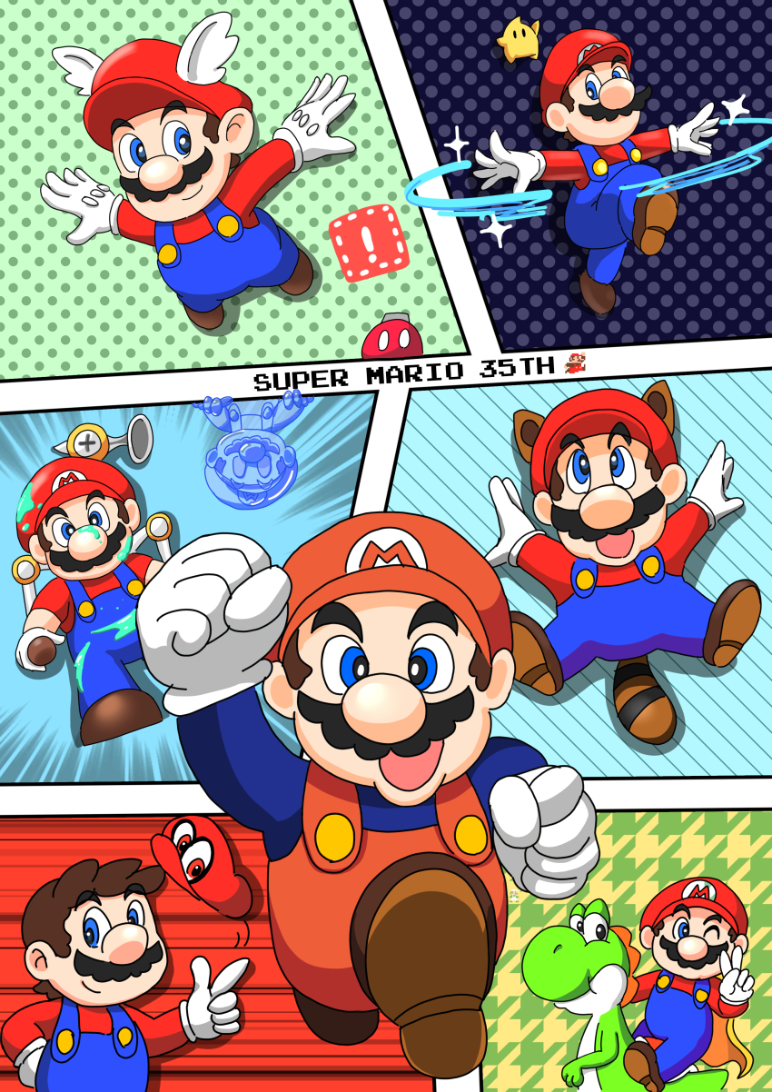 !_block 1boy absurdres animal_ears arm_up blue_eyes bob-omb_buddy brown_hair cape cape_mario cappy_(mario) comic dinosaur f.l.u.d.d. facial_hair flying_sweatdrops gloves grin hat highres looking_at_viewer luma_(mario) mario mario_(series) mustache nintendo one_eye_closed raccoon_ears raccoon_mario raccoon_tail shadow_mario smile super_mario_64 super_mario_bros._1 super_mario_bros._3 super_mario_galaxy super_mario_odyssey super_mario_sunshine super_mario_world tail unworn_hat unworn_headwear v wet wet_clothes wing_cap wing_mario wink yellow_cape yoshi