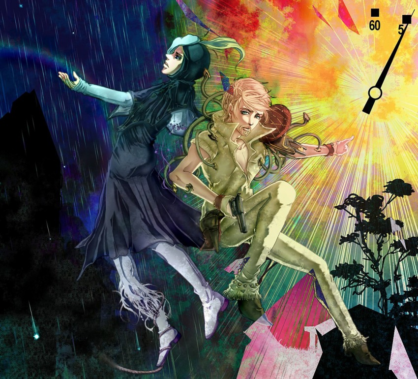 2boys beard blackmore catch_the_rainbow clock facial_hair jojo_no_kimyou_na_bouken mandom_(stand) mask multiple_boys rain rainbow ringo_roadagain stand_(jojo) steel_ball_run stersissn umbrella