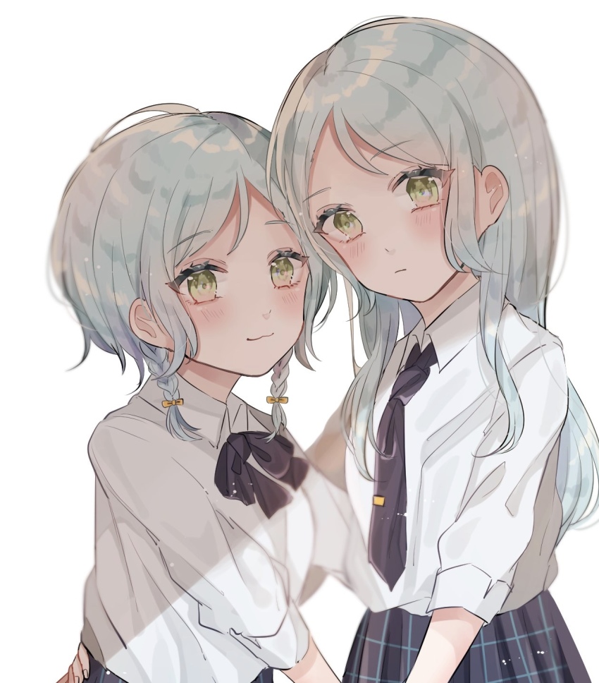 2girls aqua_hair bad_id bad_pixiv_id bang_dream! braid closed_mouth green_eyes highres hikawa_hina hikawa_sayo long_hair looking_at_viewer multiple_girls necktie pleated_skirt ribbon school_uniform shain shirt short_hair siblings side_braids sisters skirt twins white_background white_shirt