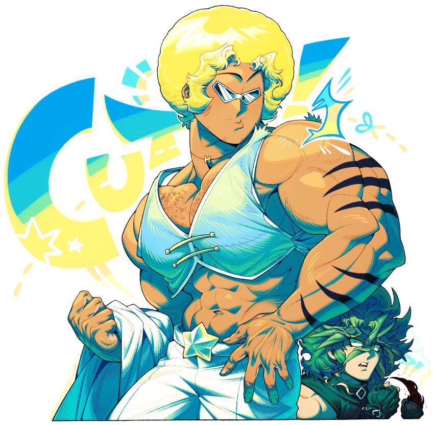 2boys abs afro bara blonde_hair bobobo-bo_bo-bobo bobobo-bo_bo-bobo_(character) chest_hair facial_hair fingerless_gloves gloves green_hair halekulani highres jewelry male_focus multiple_boys muscular muscular_male mustache_stubble navel necklace open_mouth pants pectoral_cleavage pectorals short_hair sparse_stubble stubble sunglasses tan veins veiny_arms veiny_hands white_pants wonderful-bengo
