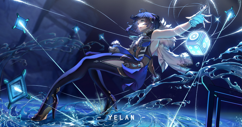 1girl absurdres ahoge bare_shoulders black_bodysuit black_boots black_hair blue_dress blue_eyes blue_hair bodysuit boots character_name commentary_request cube dice dress earrings fingerless_gloves genshin_impact gloves high_heel_boots high_heels highres hydrokinesis jewelry painttool_sai_(medium) parted_lips solo water white_gloves yelan_(genshin_impact) yiyu_qing_mang