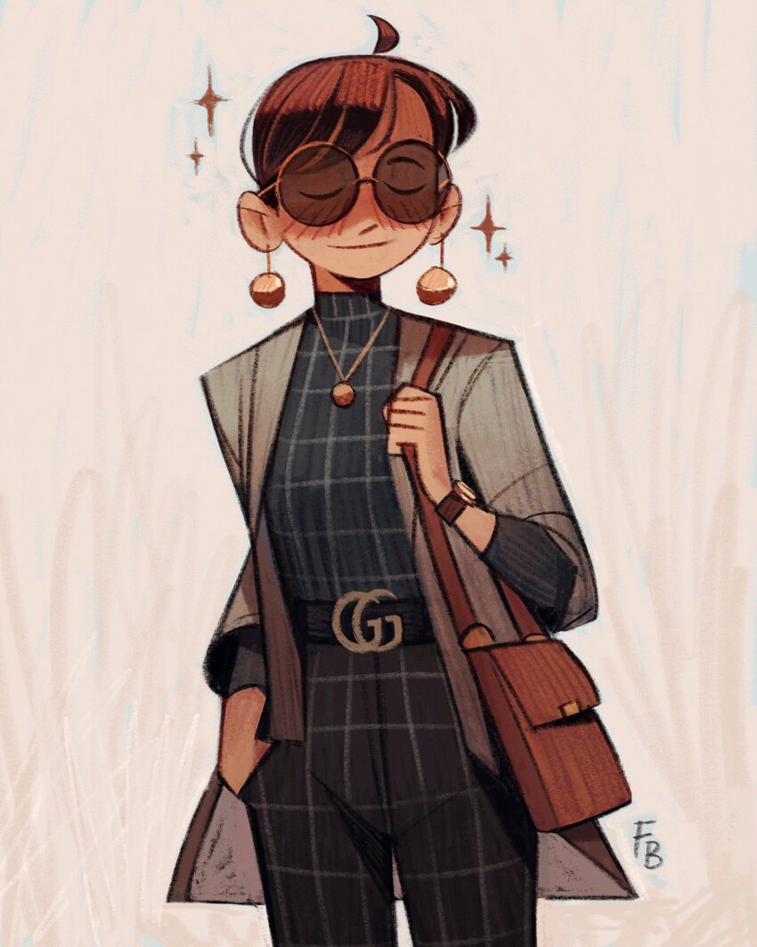 antenna_hair bag belt brand_name_imitation brown_hair closed_eyes commentary cropped_legs earrings english_commentary facing_viewer fashion friedbaens grey_jacket highres holding holding_bag jacket jewelry necklace open_clothes open_jacket original pants plaid_clothes plaid_pants plaid_shirt shirt shoulder_bag signature smile sparkle white_background