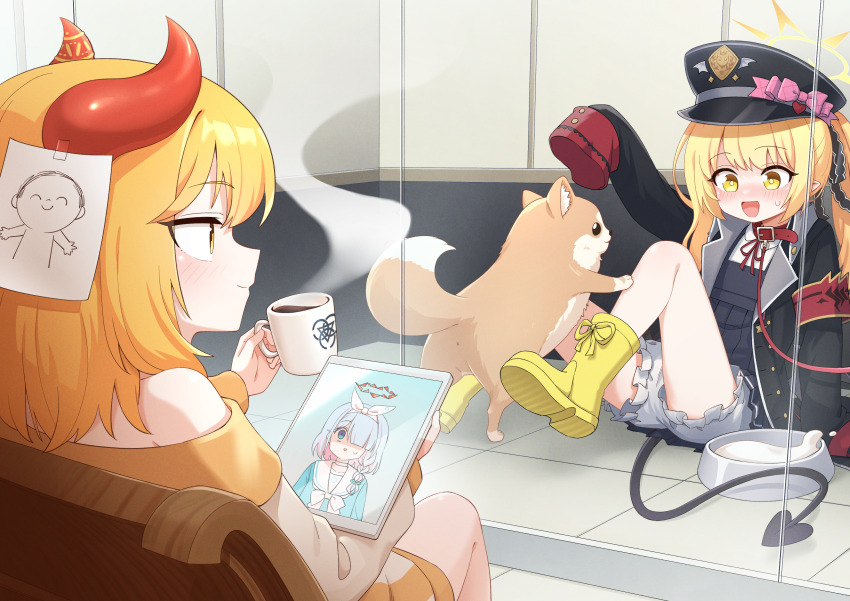 3girls absurdres animal arona_(blue_archive) black_coat black_dress black_headwear black_tail blonde_hair blue_archive blush boots buruma closed_mouth coat collared_shirt cup demon_tail dog doodle_sensei_(blue_archive) dress female_sensei_(blue_archive) golmonggu hat highres holding holding_cup horns ibuki_(blue_archive) long_hair multiple_girls off_shoulder open_clothes open_coat open_mouth peaked_cap pointy_ears red_horns sensei_(blue_archive) shirt side_ponytail smile tablet_pc tail white_buruma white_shirt yellow_boots yellow_eyes