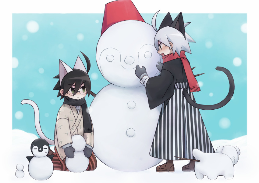 2boys :d animal_ears bird black_gloves black_hair black_kimono black_scarf black_tail blue_background blush boots building_snowman cat_boy cat_ears cat_tail clone from_behind full_body glasses gloves green_eyes hakama highres itoshiki_nozomu japanese_clothes kemonomimi_mode kimono kneeling looking_at_another magusagari male_focus multiple_boys official_alternate_color open_mouth penguin red_scarf sayonara_zetsubou_sensei scarf shosei smile snow snowing snowman tail white_hair white_tail