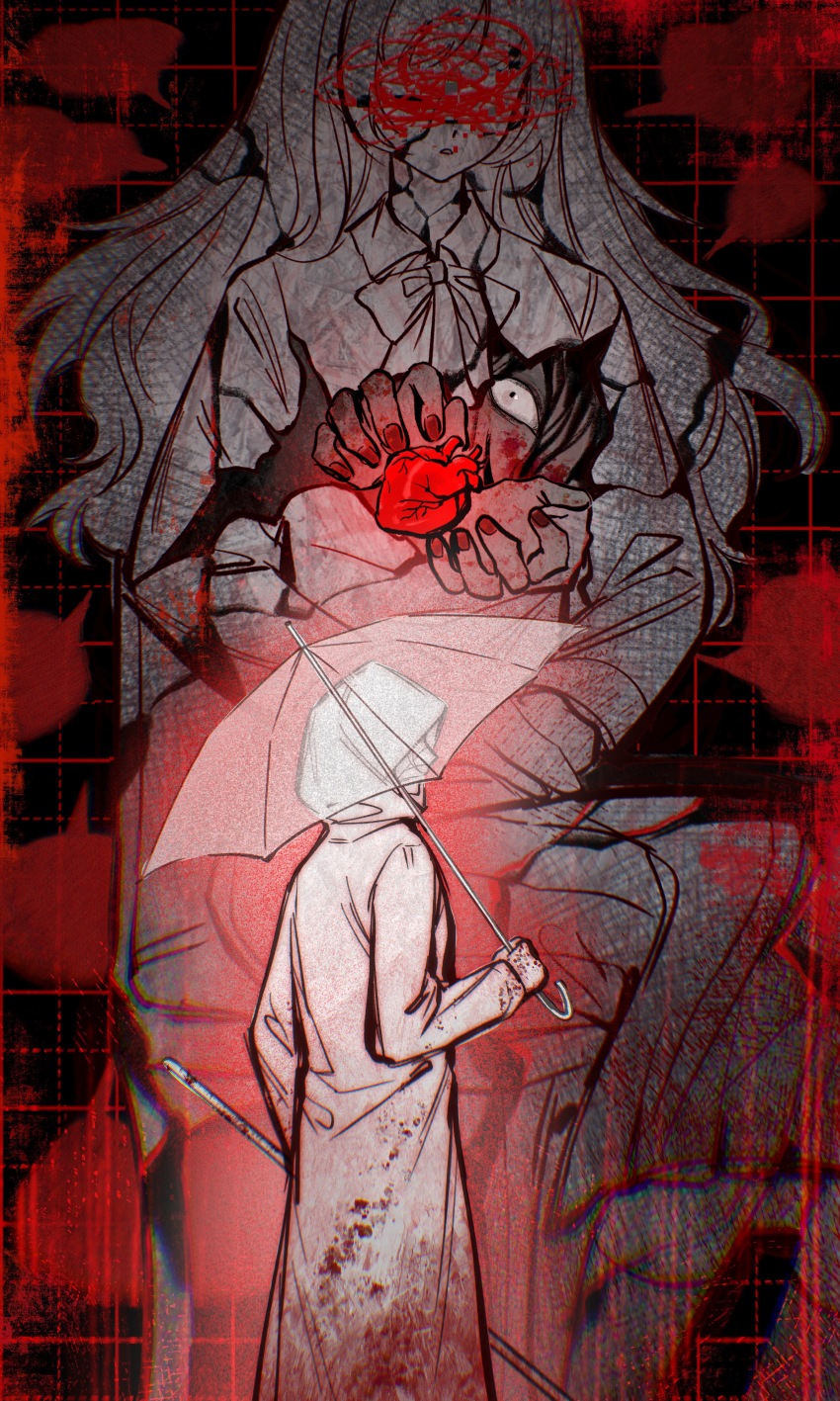1boy 1girl absurdres black_background black_eyes black_hair blank_speech_bubble blood blood_on_face censored censored_identity chair chinese_text commentary_request constricted_pupils grid_background heart_(organ) heroine_(homicipher) highres holding holding_umbrella homicipher hood hood_up long_hair looking_at_viewer mr._gap raincoat red_background sanjueqizhen school_uniform skirt speech_bubble transparent transparent_umbrella umbrella white_raincoat