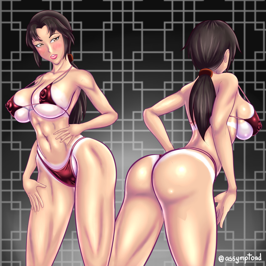 1girl abs absurdres ass ass_focus assymptoad bikini breasts brown_hair highres hong_xiu_ying large_breasts multiple_views ponytail sega shenmue shenmue_ii sideboob swimsuit tan tanline thong thong_bikini toned toned_female underboob wide_hips